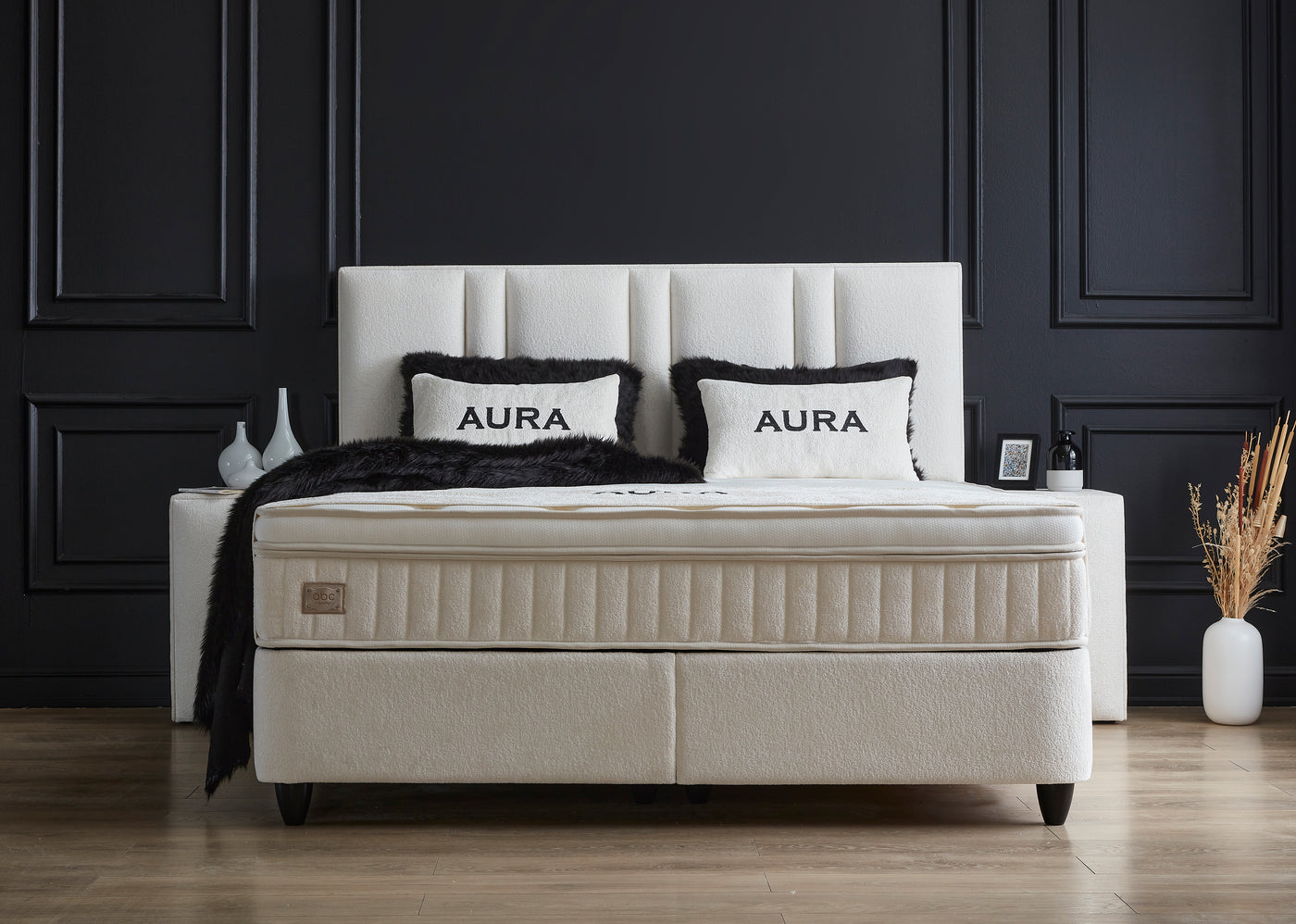 Aura Boxspringbett Stauraum Bettkasten Stoff Weiß Boxbett von ABC Bedding | aura-boxspringbett-stauraum-bettkasten-velours-schwarz-boxbett | Mit Bettkasten