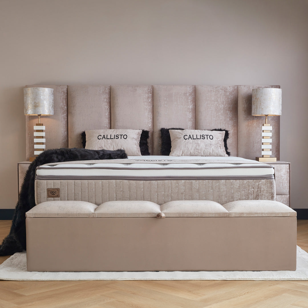 Calisto Boxspringbett Stauraum Bettkasten Topper Samt Beige Boxbett von ABC Bedding