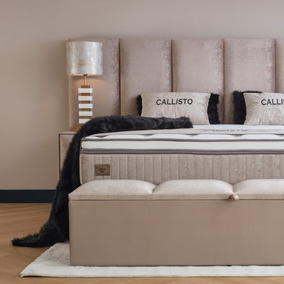 Calisto Boxspringbett Stauraum Bettkasten Topper Samt Beige Boxbett von ABC Bedding