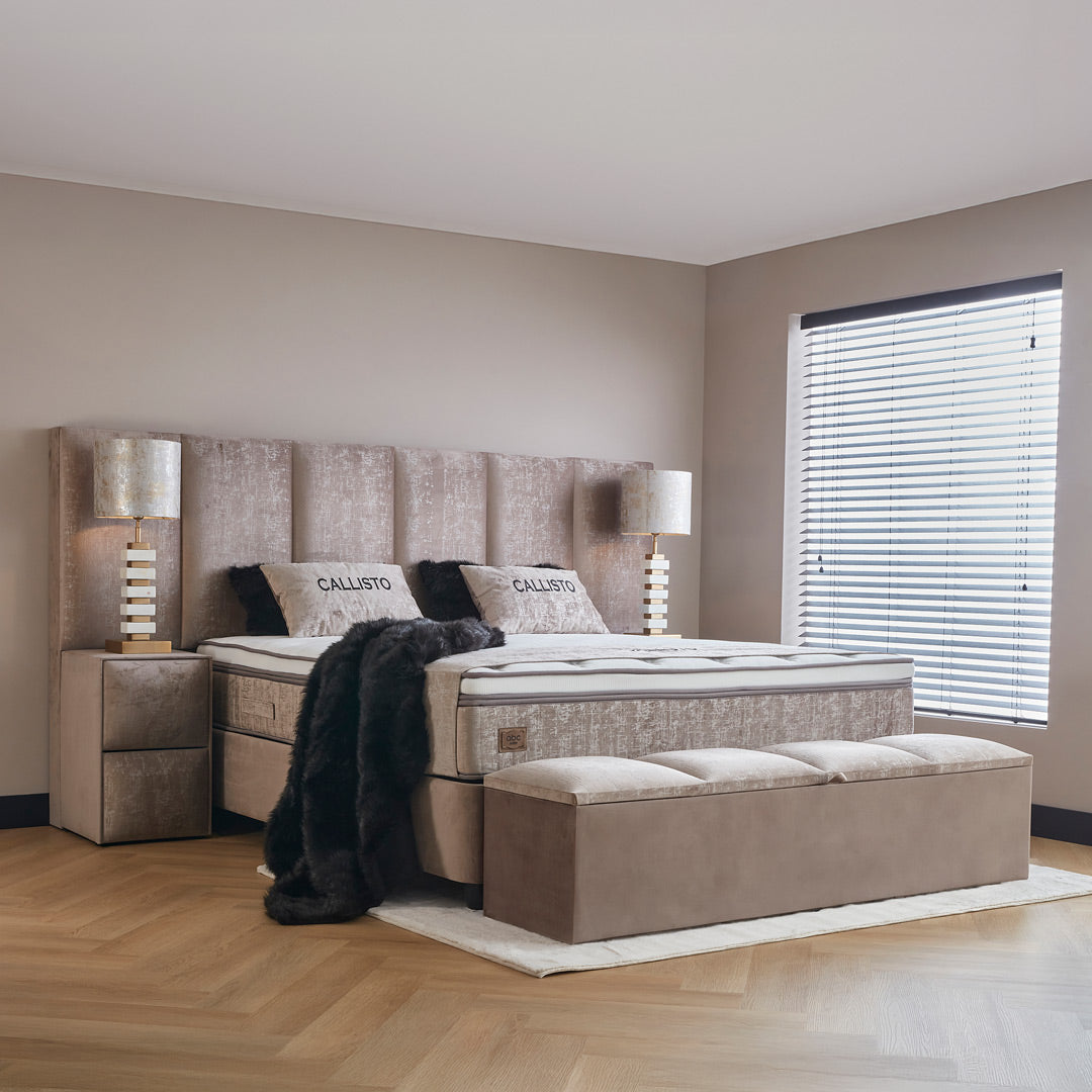 Calisto Boxspringbett Stauraum Bettkasten Topper Samt Beige Boxbett von ABC Bedding