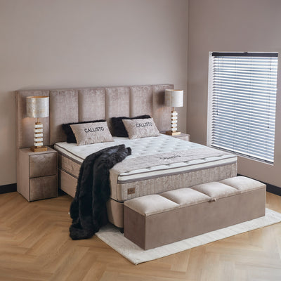 Calisto Boxspringbett Stauraum Bettkasten Topper Samt Beige Boxbett von ABC Bedding