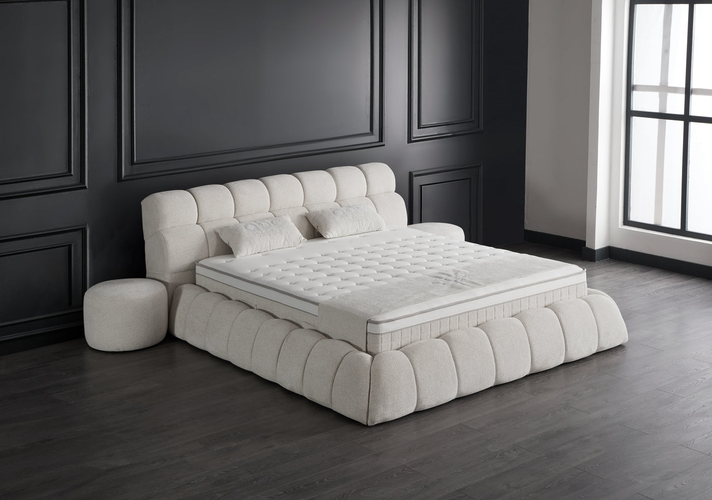 Claudi Boxspringbett Creme Beige Stoff Stauraum Bettkasten Boxbett von ABC Bedding