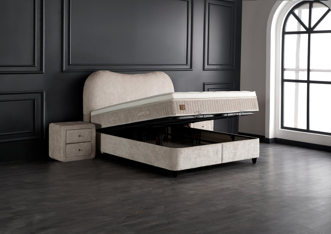 Sofia Boxspringbett Stauraum Bettkasten Bouclé Teddy Stoff Beige Boxbett von ABC Bedding