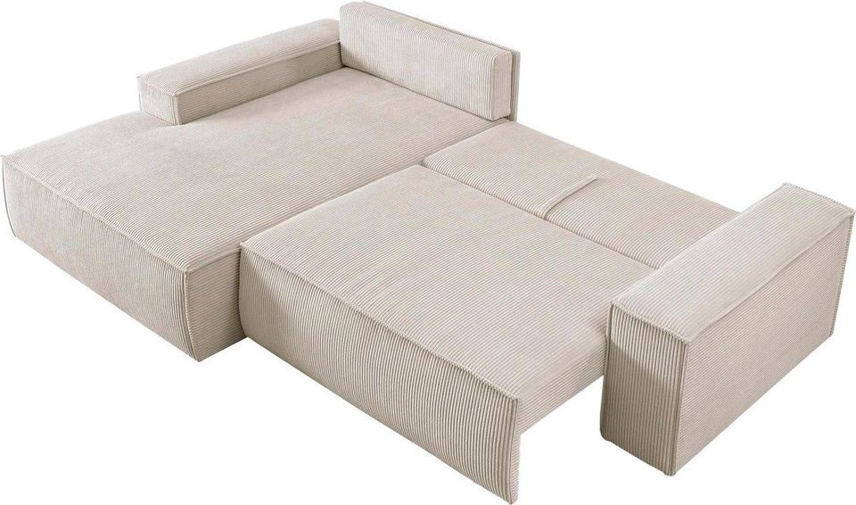 Nizza Sofa Couch Cord Beige L Form Schlaffunktion Kasten Block