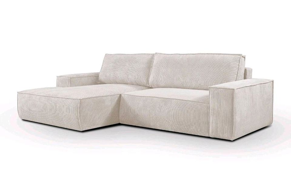 Nizza Sofa Couch Cord Beige L Form Schlaffunktion Kasten Block