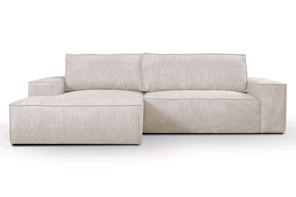 Nizza Sofa Couch Cord Beige L Form Schlaffunktion Kasten Block