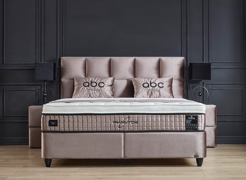 PHANTOM Beige Boxspringbett Stauraum Bettkasten Samtiger Webstoff Boxbett von ABC Bedding | phantom-stauraum-boxbett-boxspringbett-mit-bettkasten-samt-beige | Mit Bettkasten