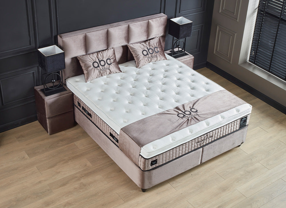 PHANTOM Beige Boxspringbett Stauraum Bettkasten Samtiger Webstoff Boxbett von ABC Bedding | phantom-stauraum-boxbett-boxspringbett-mit-bettkasten-samt-beige | Mit Bettkasten